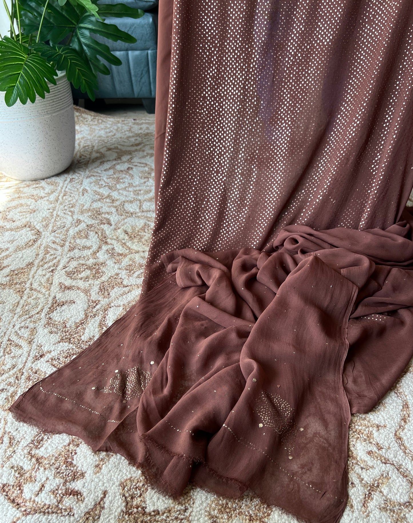 Brown bareek mukaish work Kurta and Dupatta