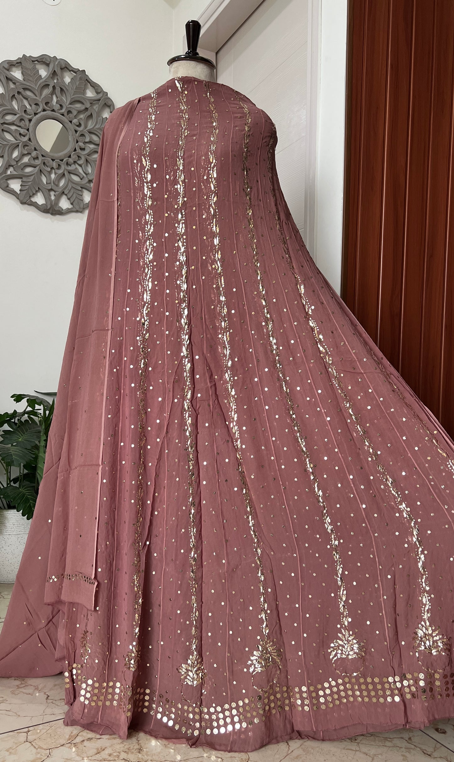 Taupe designer Mukaish Georgette Anarkali with Dupatta
