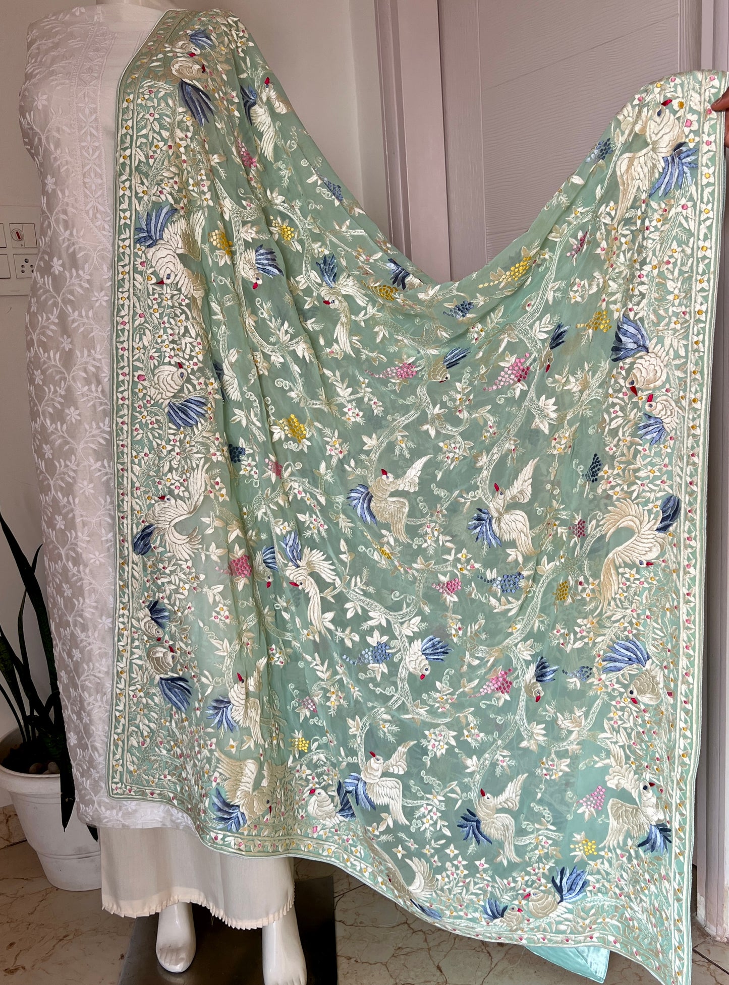 Mint green masterpiece Parsi Gara Dupatta Hand Embroidered