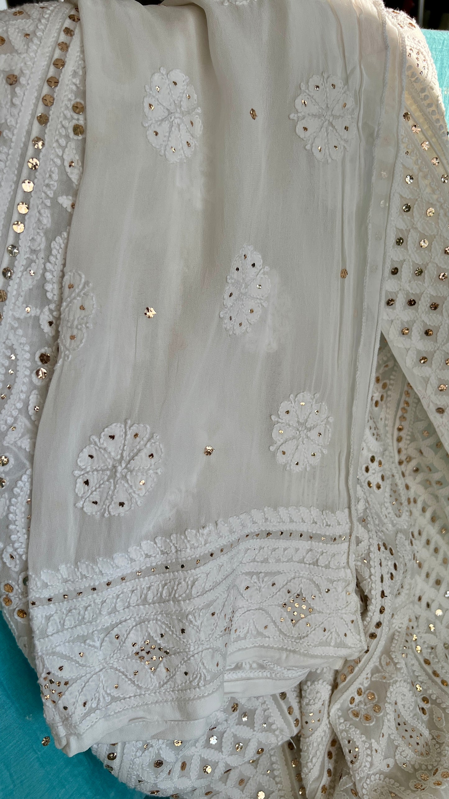 White allover Chikankari and mukaish anarkali with dupatta