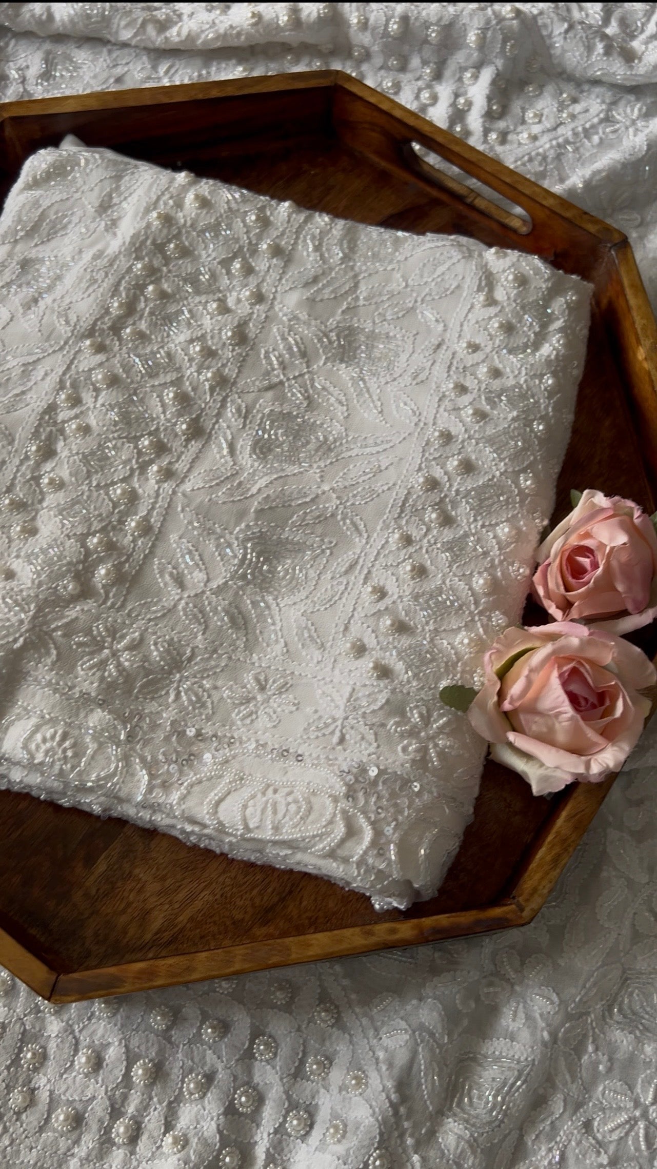 White Chikankari pearl cut Dana and Sequins work Kurta with Jaal Dupatta