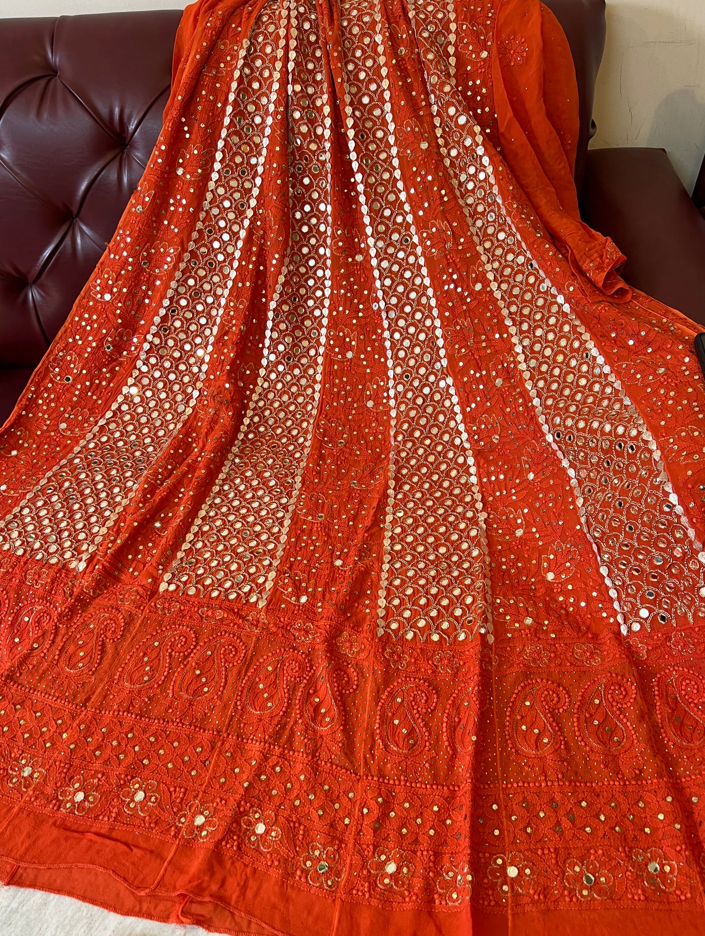 Orange Chikankari Mukaish Mirror and Gota Patti Anarkali with Dupatta
