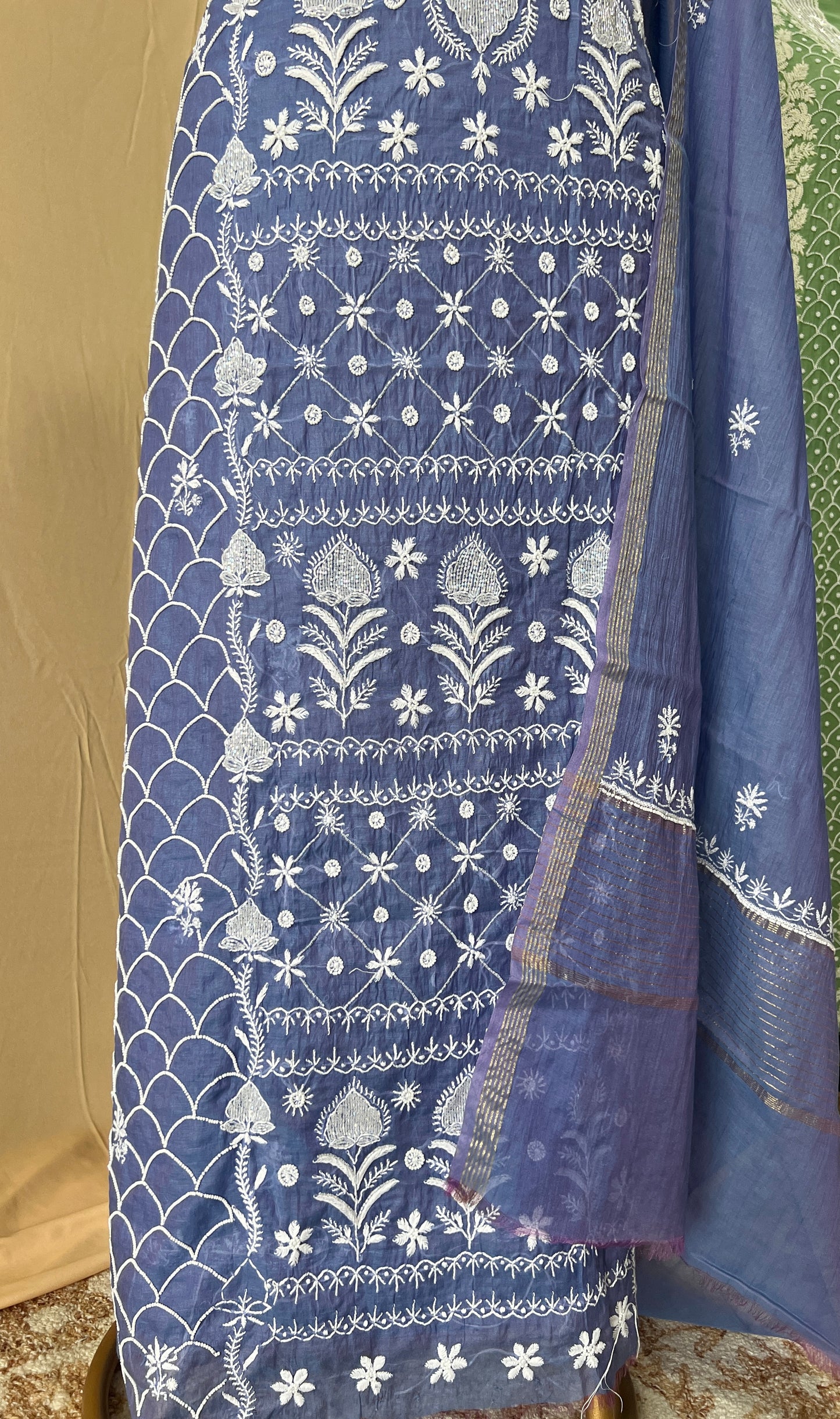 Mauvish blue Mul Chanderi Kurta and Dupatta