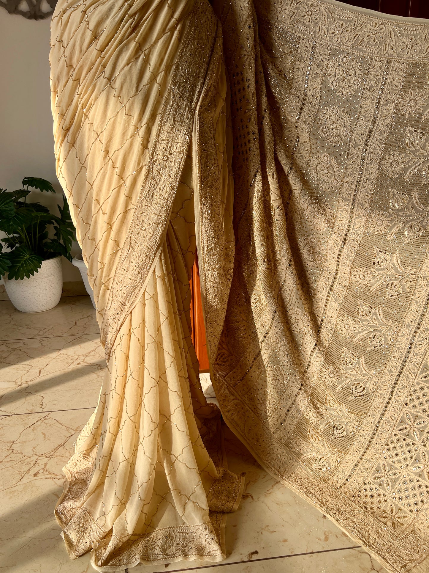 Ruhani Golden Chikankari Cut Dana and sequins Saree