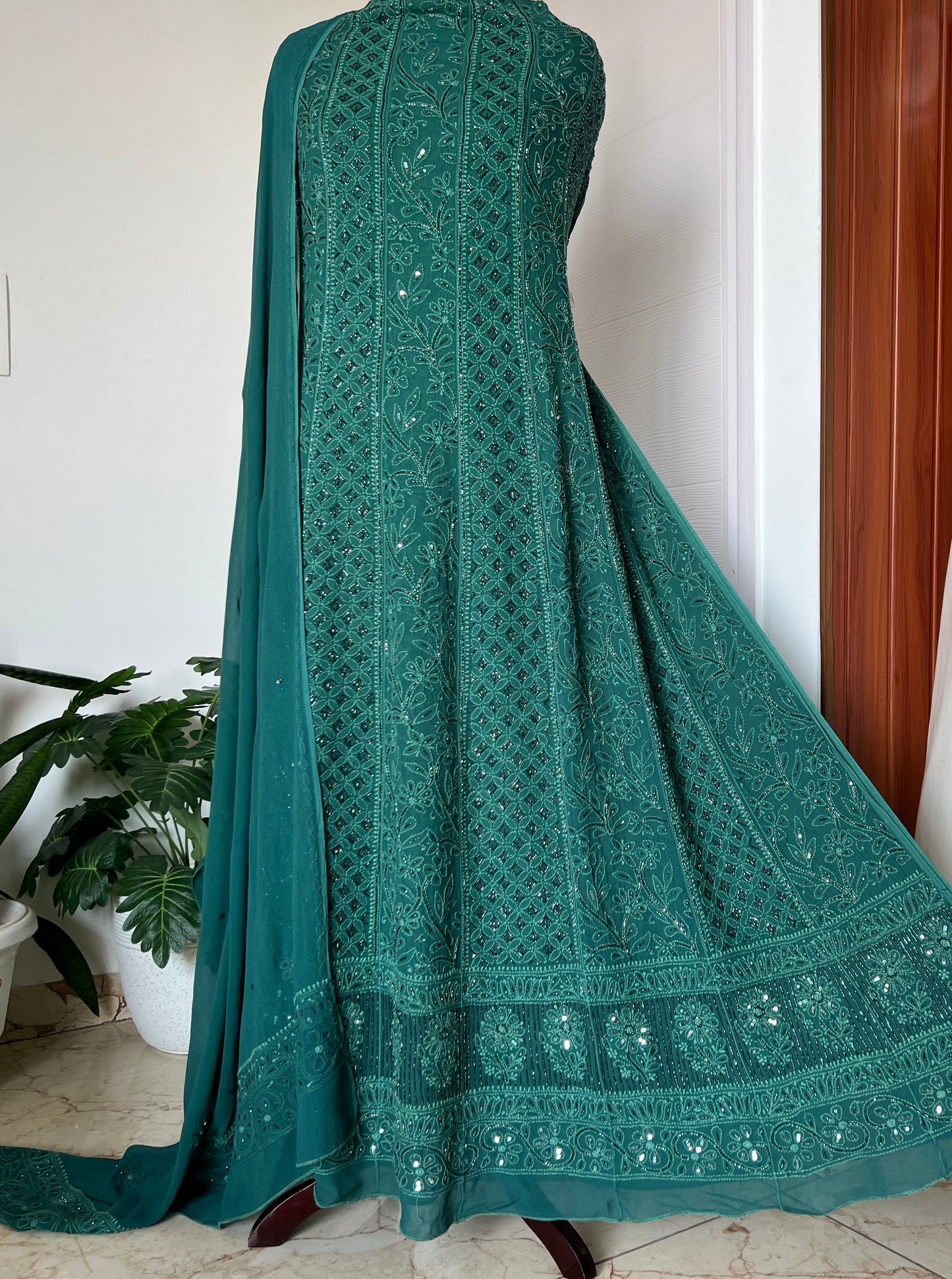 Bottle Green Chikankari Cut Dana and sequins Anarkali with Dupatta