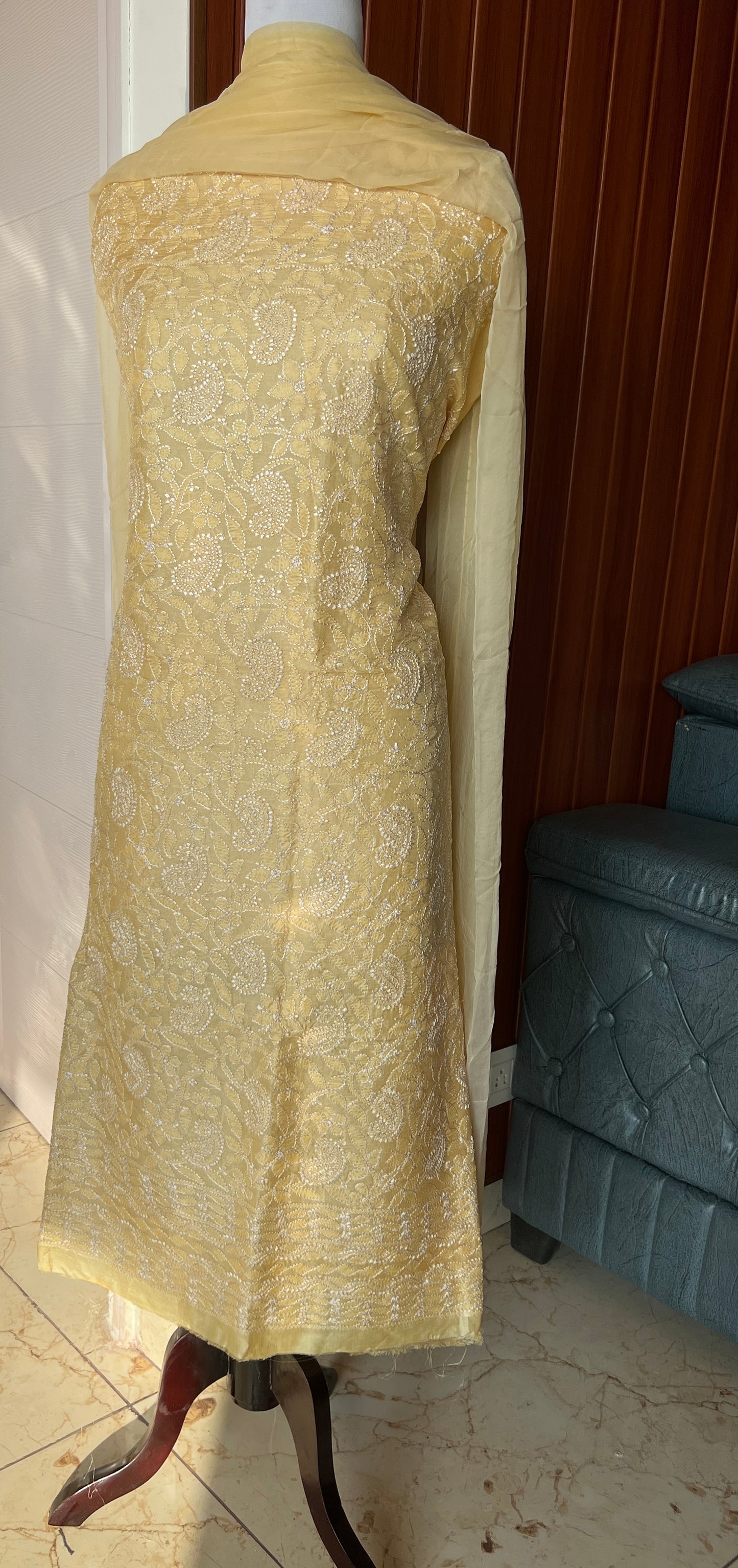Tussar silk Chikankari embroidered kurta with chiffon dupatta