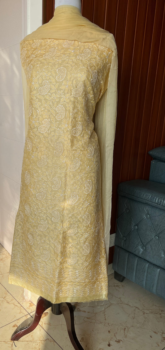 Tussar silk Chikankari embroidered kurta with chiffon dupatta