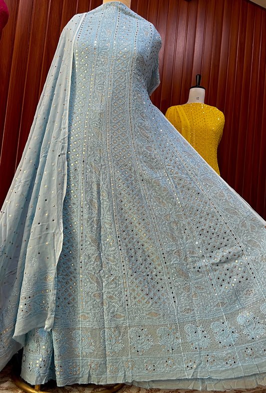 Sky Blue allover Chikankari and mukaish anarkali with dupatta