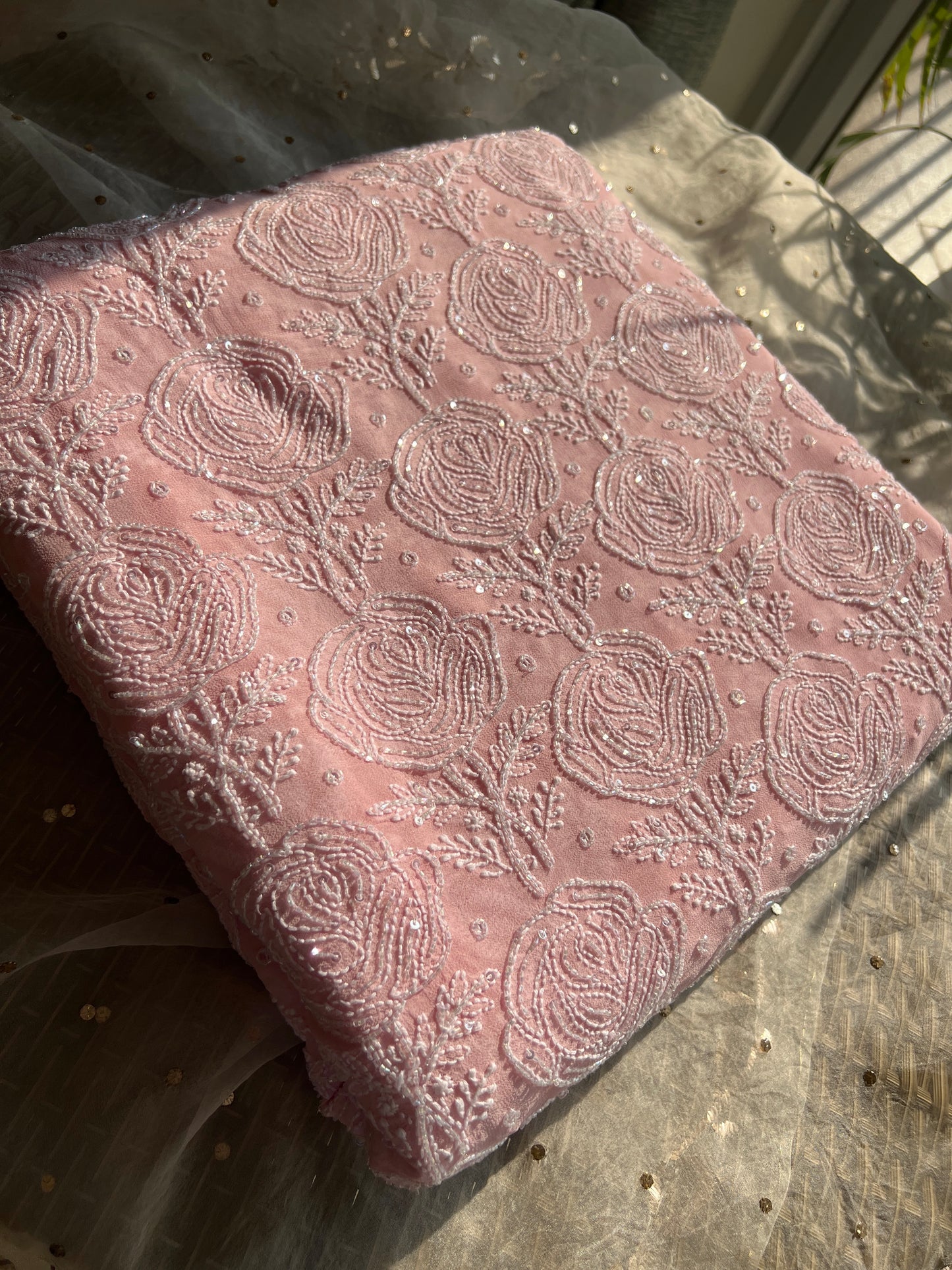 Ruhani Blush Pink Chikankari Cut Dana and Sequins Saree