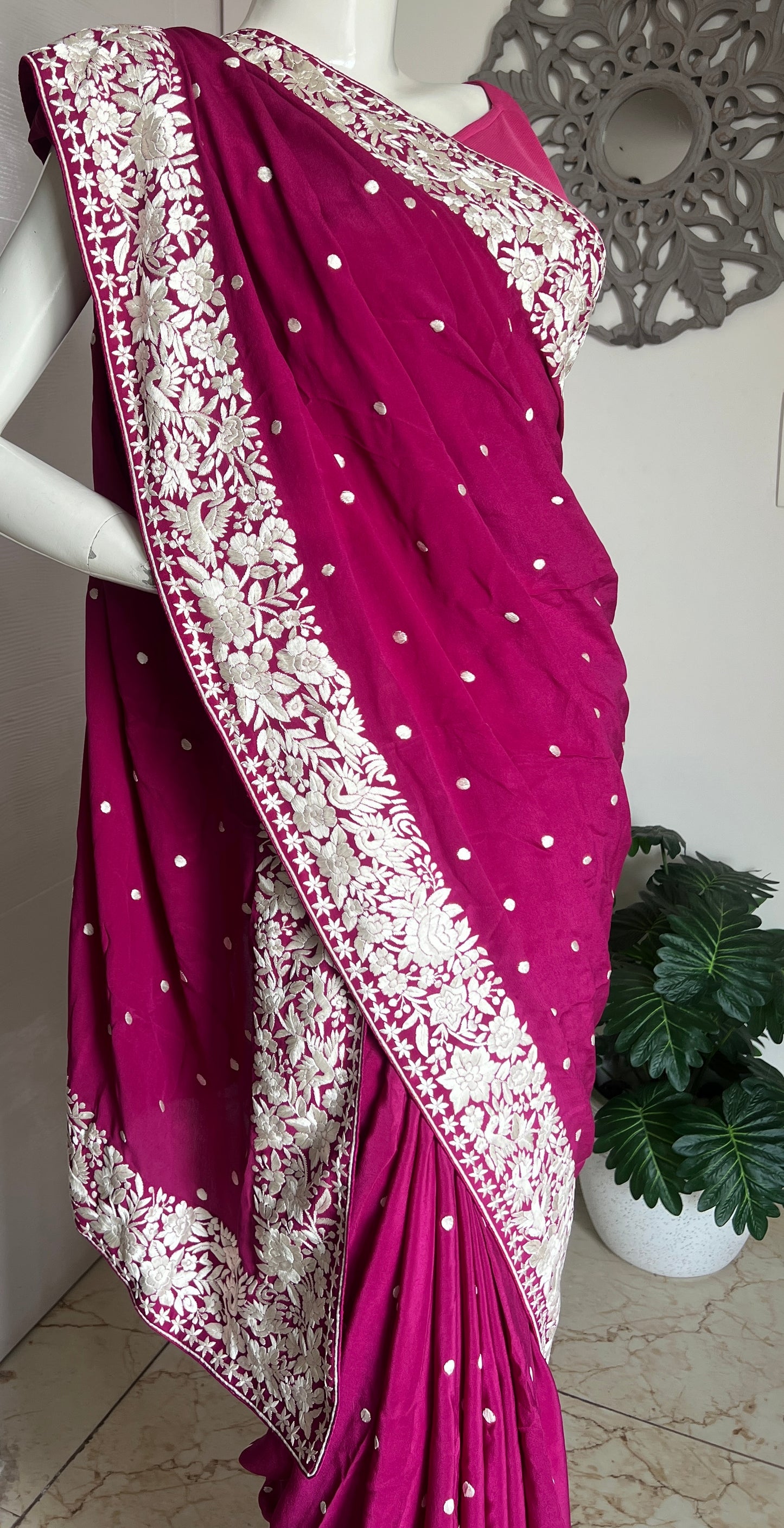 Fuchsia Pink Pure Crepe Parsi Gara Hand Embroidered Saree