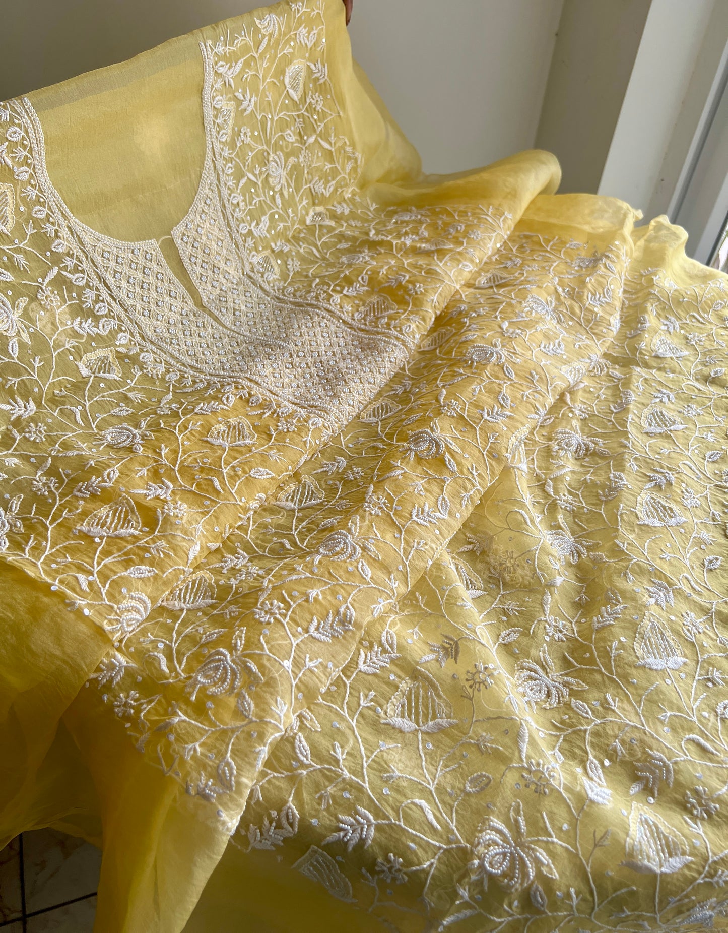 Yellow chikankari pearl cut Dana work pure Organza kurta with dupatta