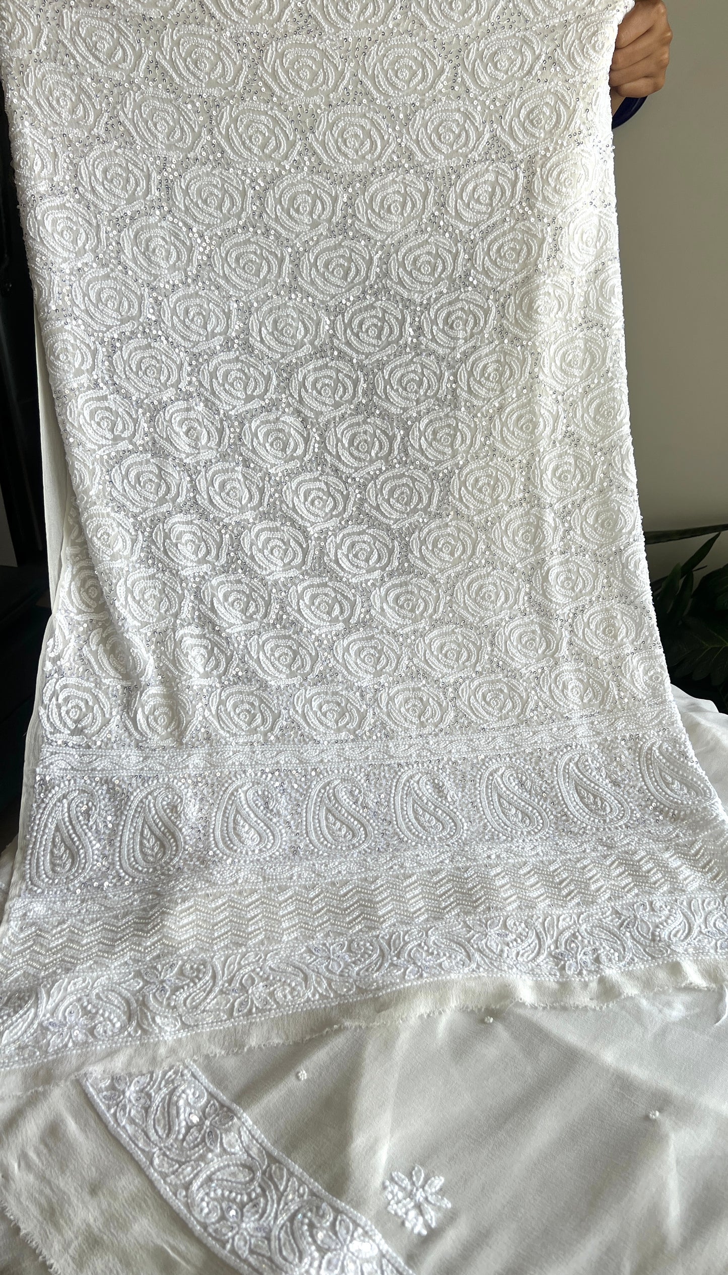 White fine Chikankari Pearl and sequins Embroidered Kurta and Dupatta