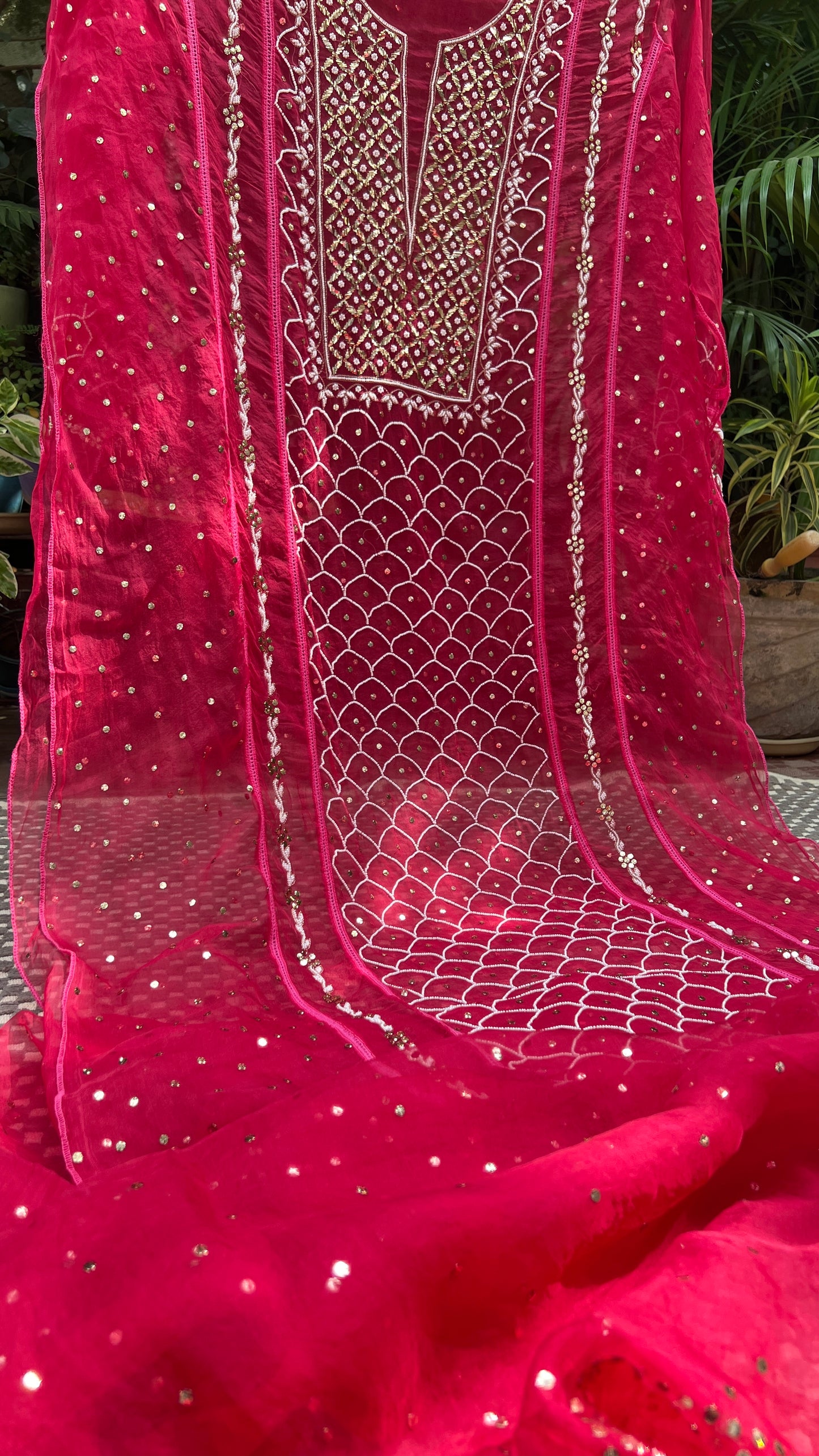 Fuchsia Pink Mukaish Pearl work Pure Organza kurta with dupatta