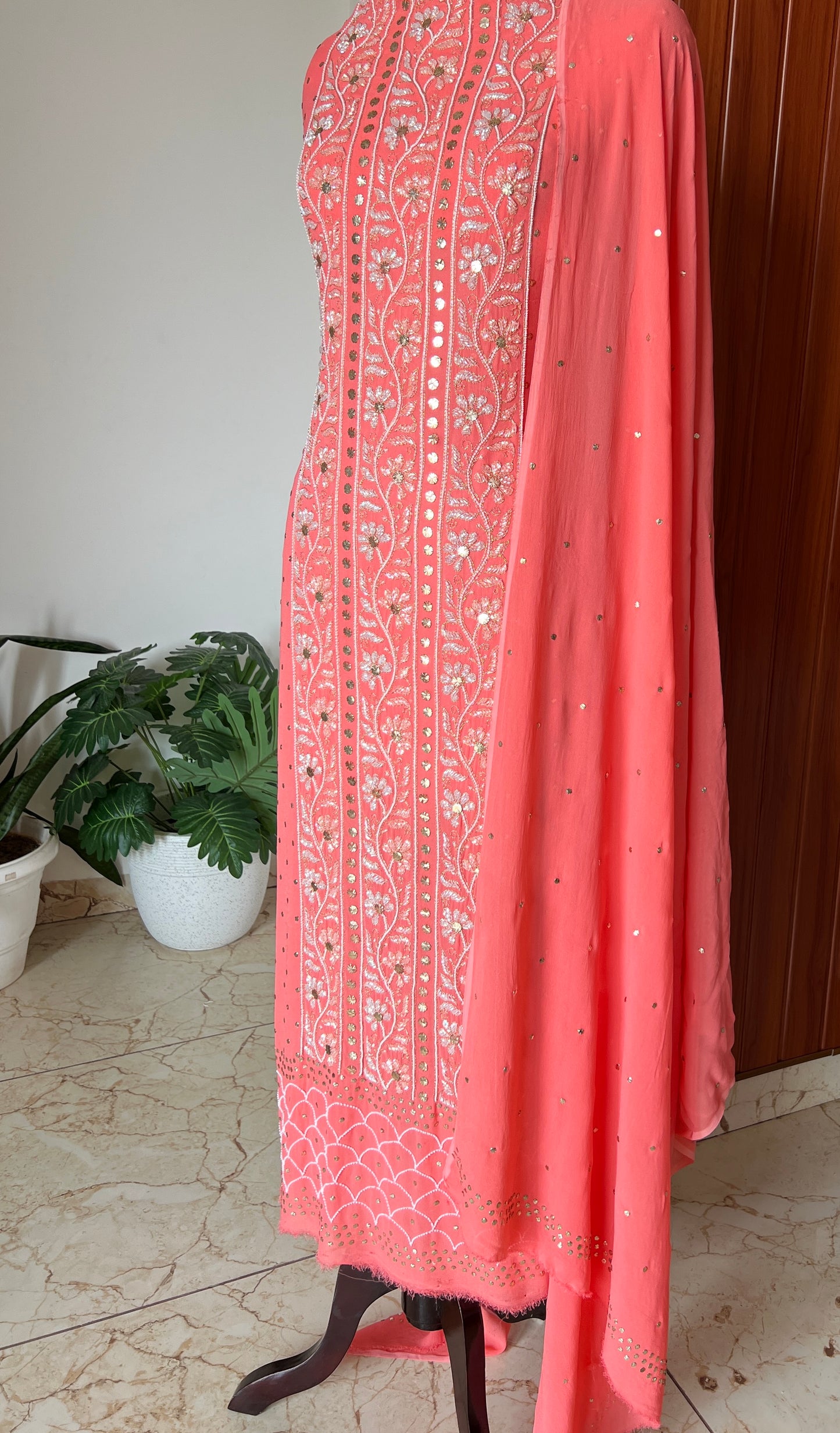 Coral peach mukaish pearl and cut Dana work Kurta and Dupatta