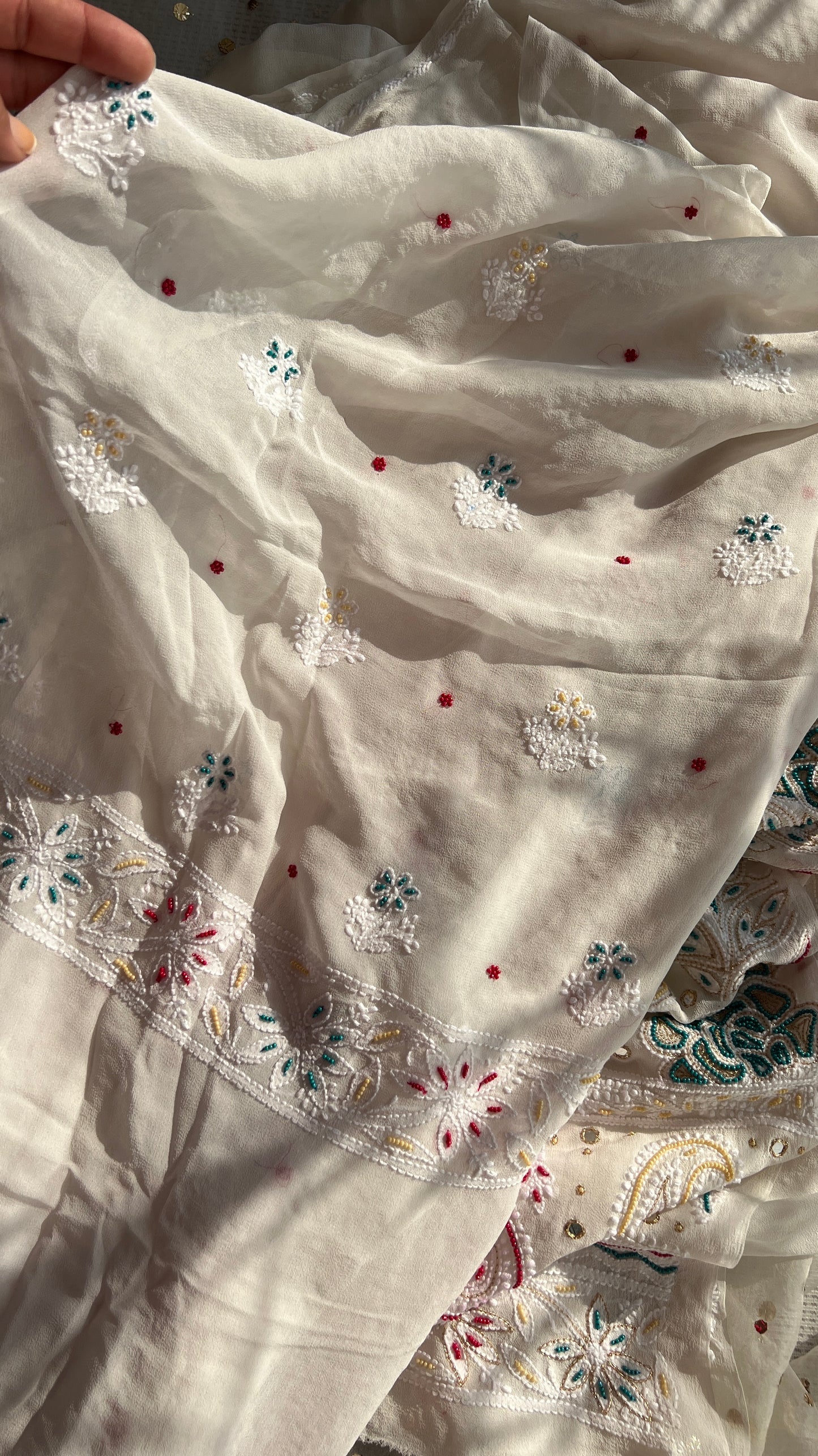 Ivory Chikankari and multicolored Pearl Embroidered Kurta and Dupatta