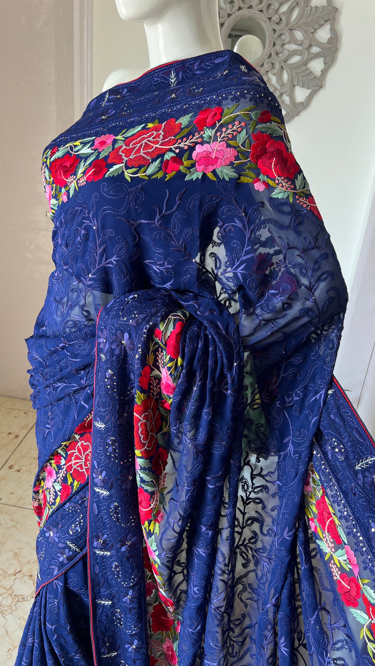 Navy Blue Pure Georgette saree with allover Parsi gara and french knot hand embroidery