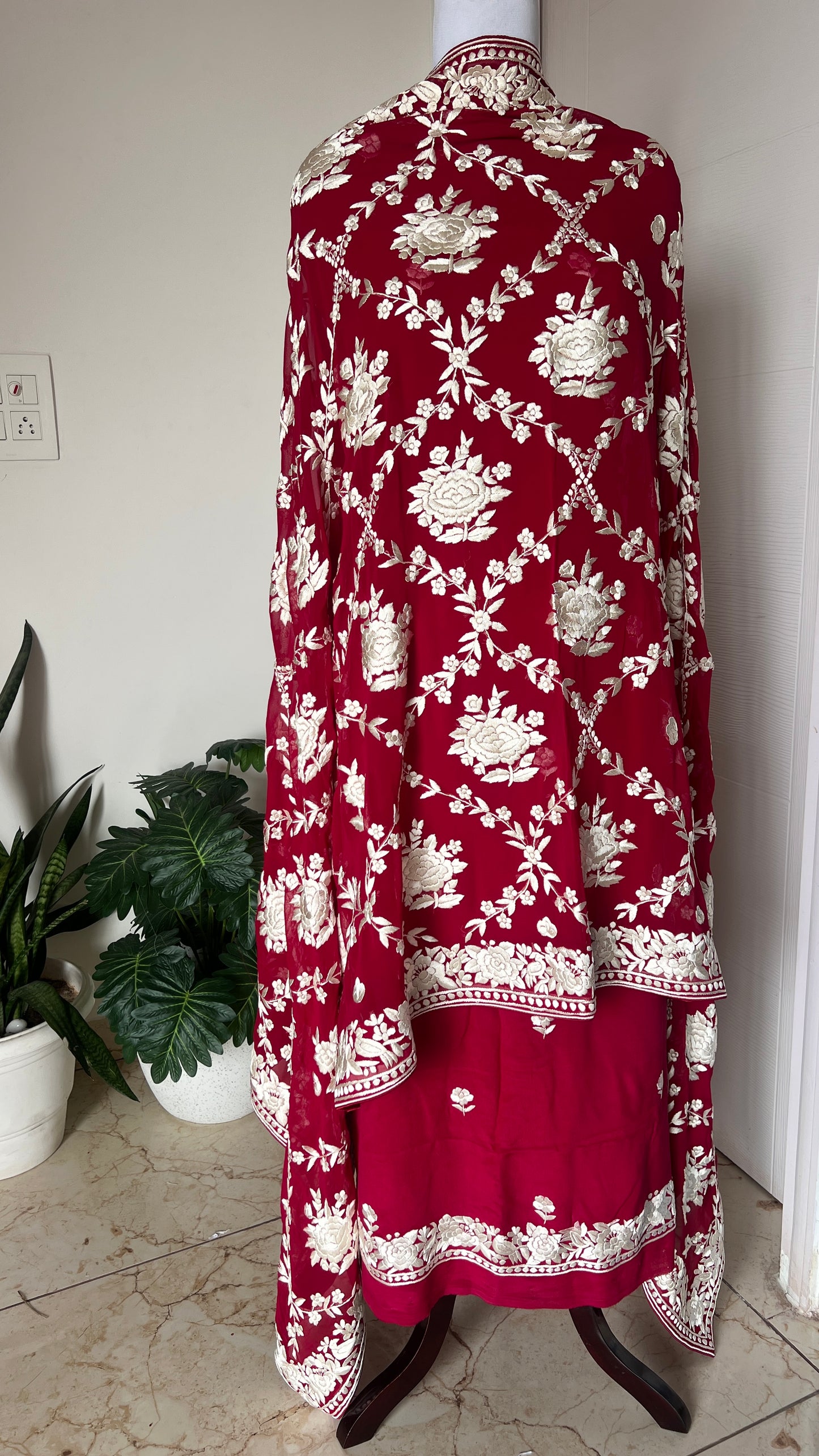 Ruby Red Masterpiece Hand Embroidered Parsi Gara full Suit