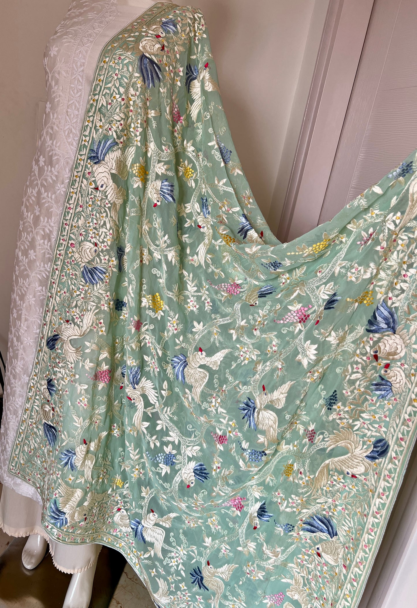 Mint green masterpiece Parsi Gara Dupatta Hand Embroidered