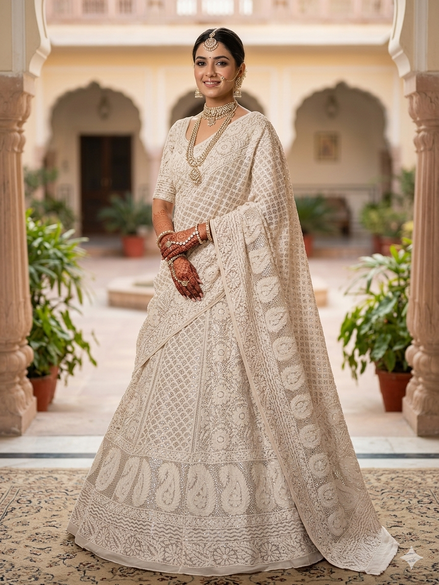 Ruhani Ivory Chikankari and Fardi Mukaish Wedding Lehenga