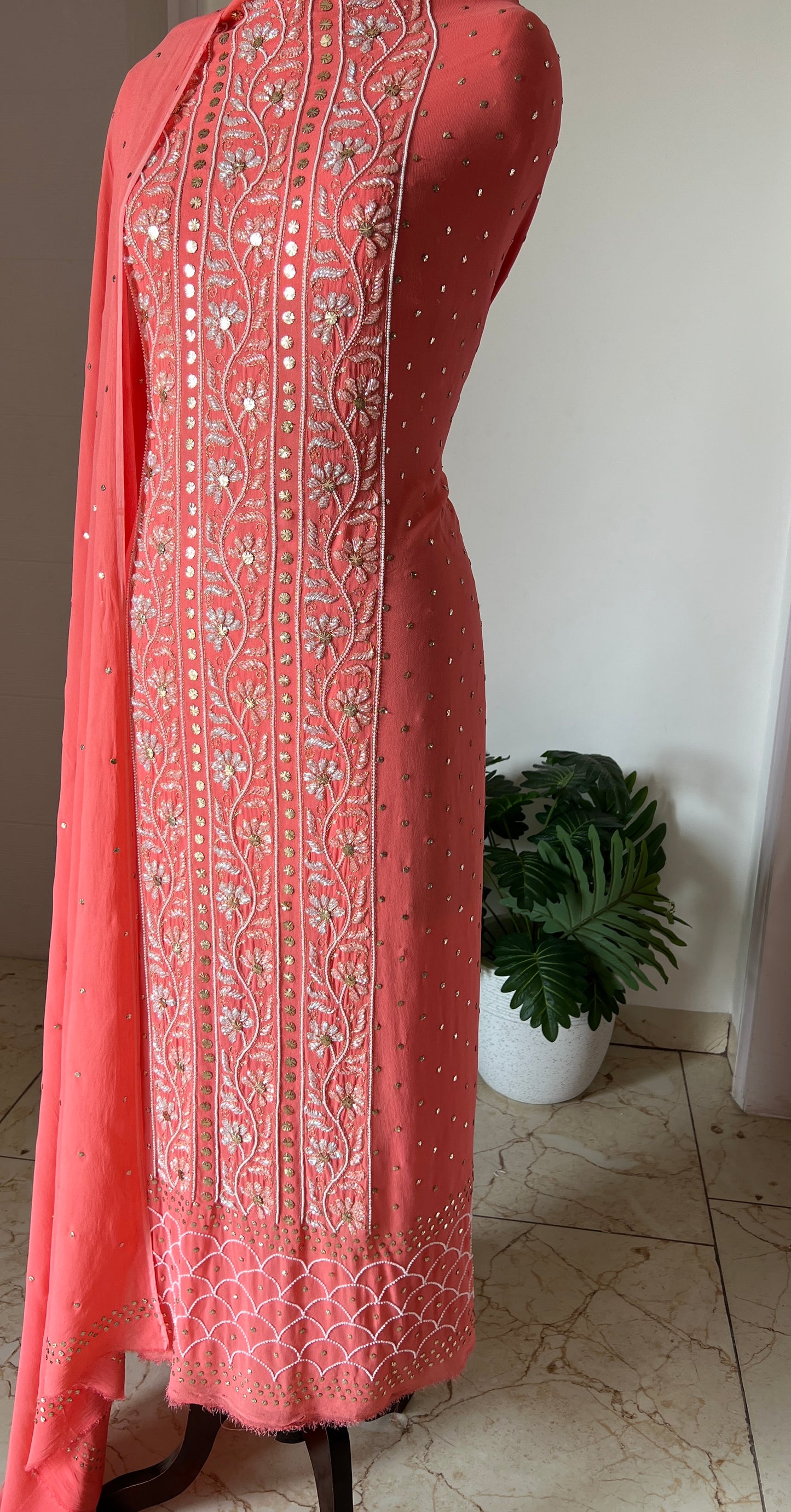 Coral peach mukaish pearl and cut Dana work Kurta and Dupatta