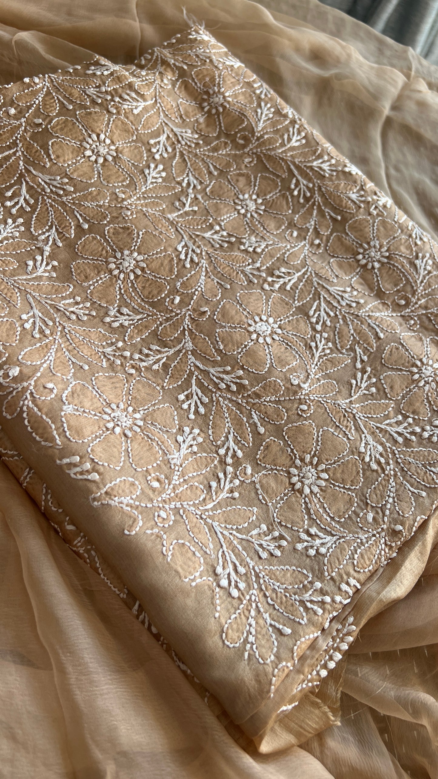 Tussar silk Chikankari embroidered kurta with chiffon dupatta