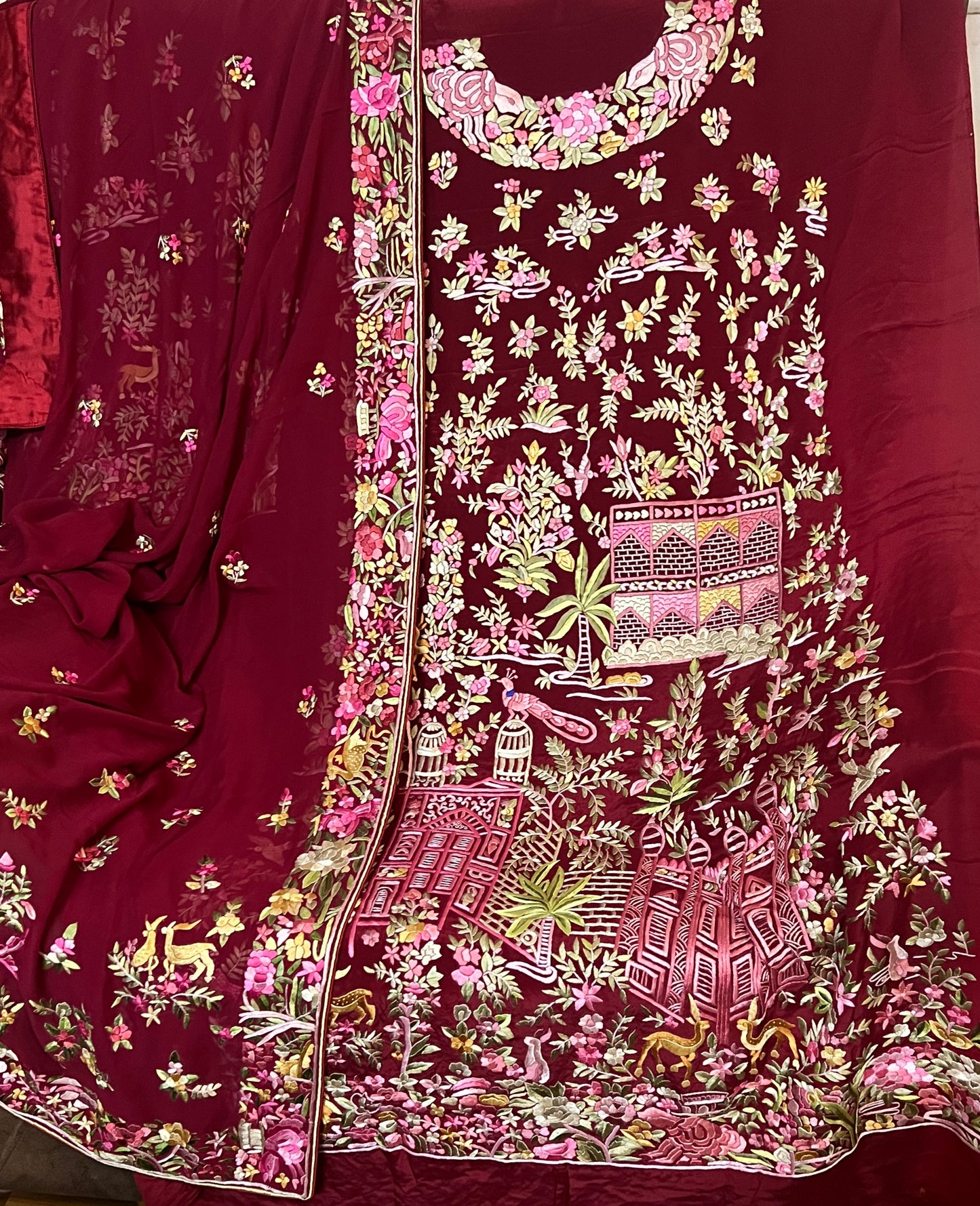 Maroon Masterpiece Hand Embroidered Parsi Gara kurta set