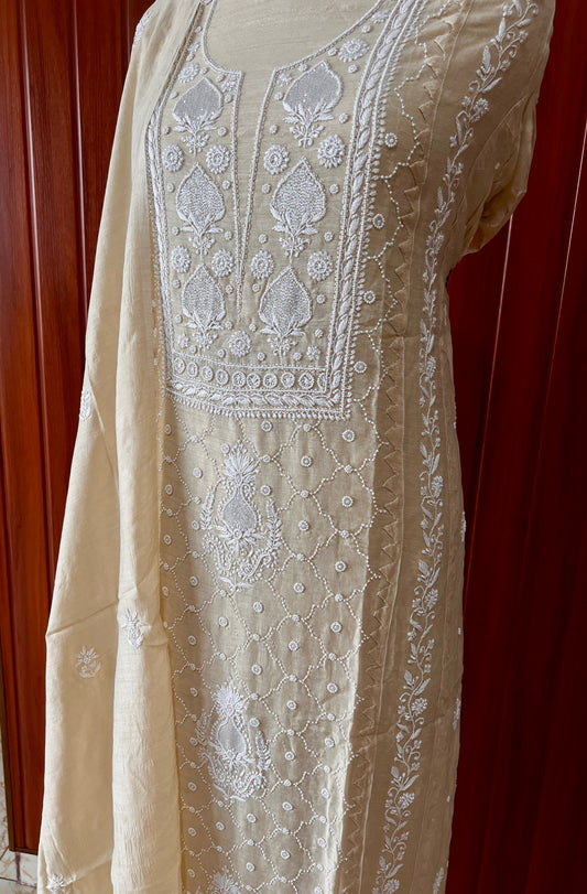 Munga silk Chikankari and pearl embroidered kurta and dupatta
