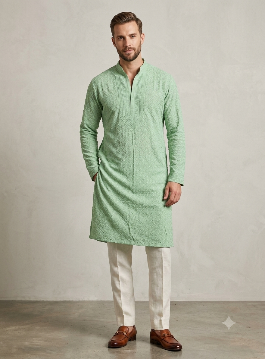 Green Allover Chikankari Men's Kurta Fabric