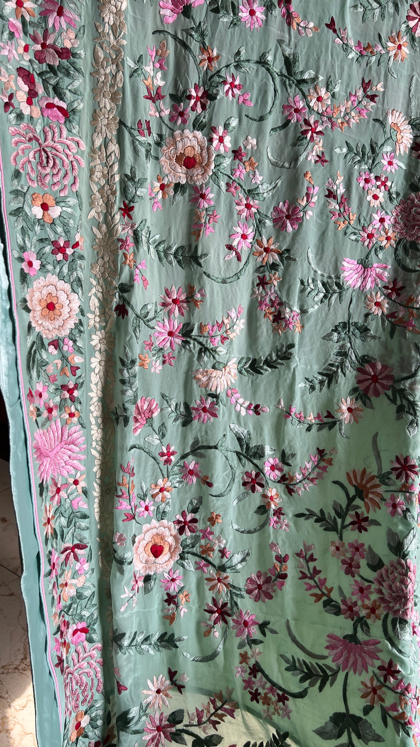 Mint Green Masterpiece Parsi Gara Pure Crepe Saree
