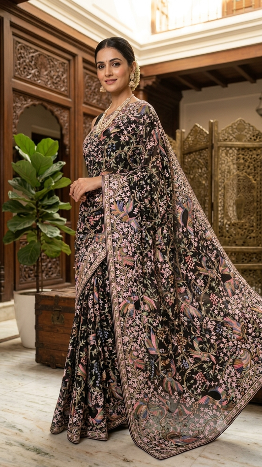 Black Masterpiece Parsi Gara Pure Georgette Saree