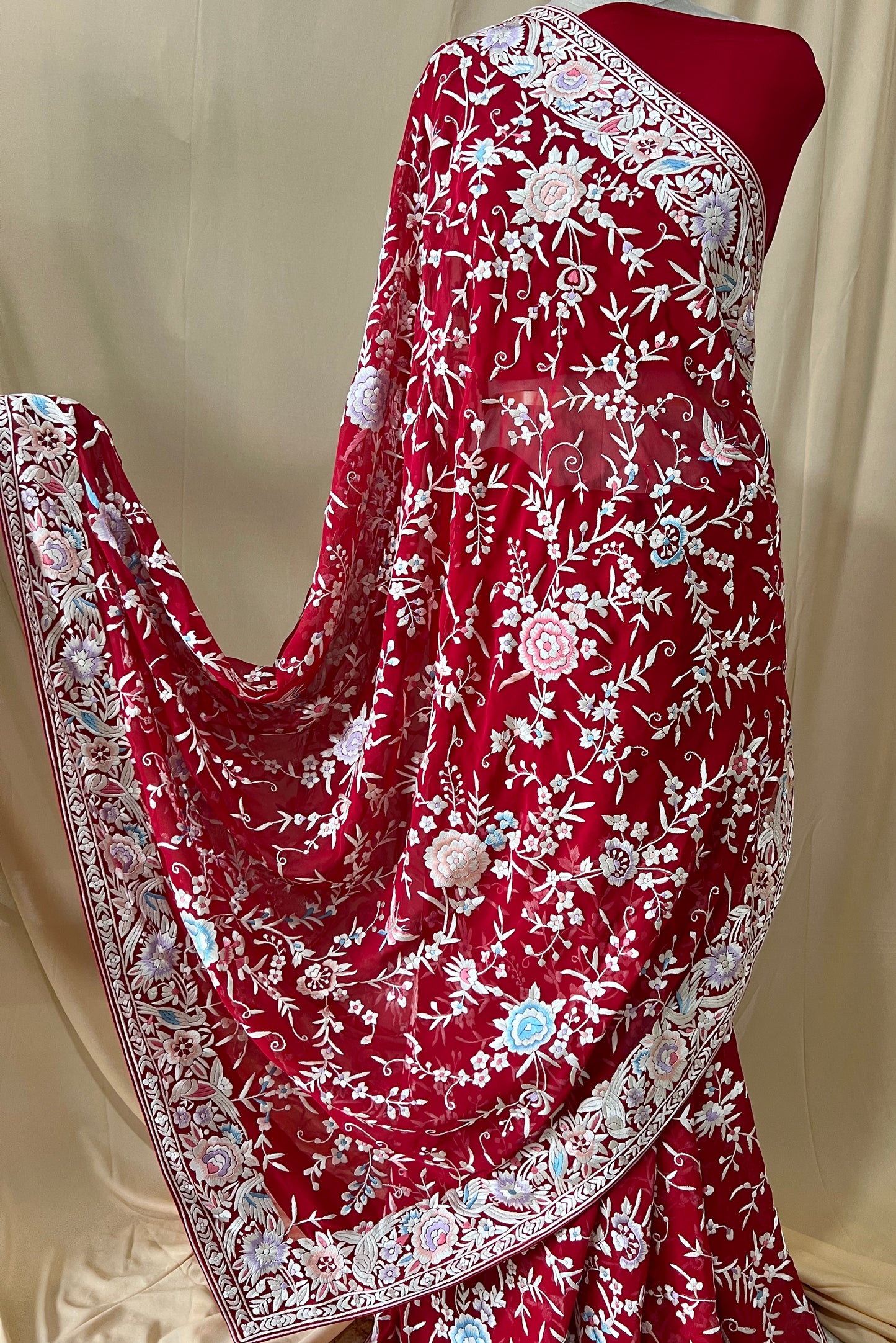 Red Masterpiece Parsi Gara Pure Georgette Saree