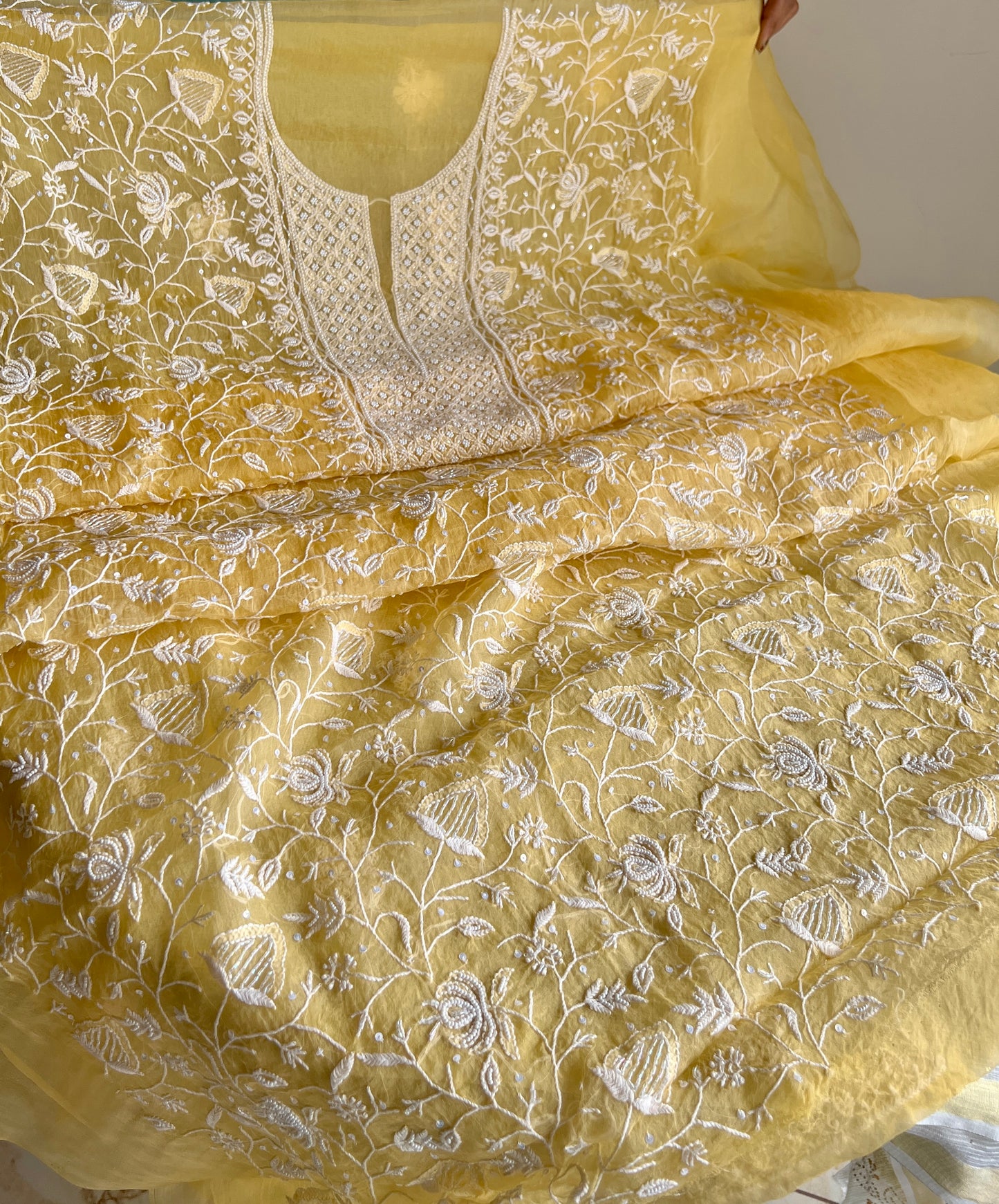 Yellow chikankari pearl cut Dana work pure Organza kurta with dupatta