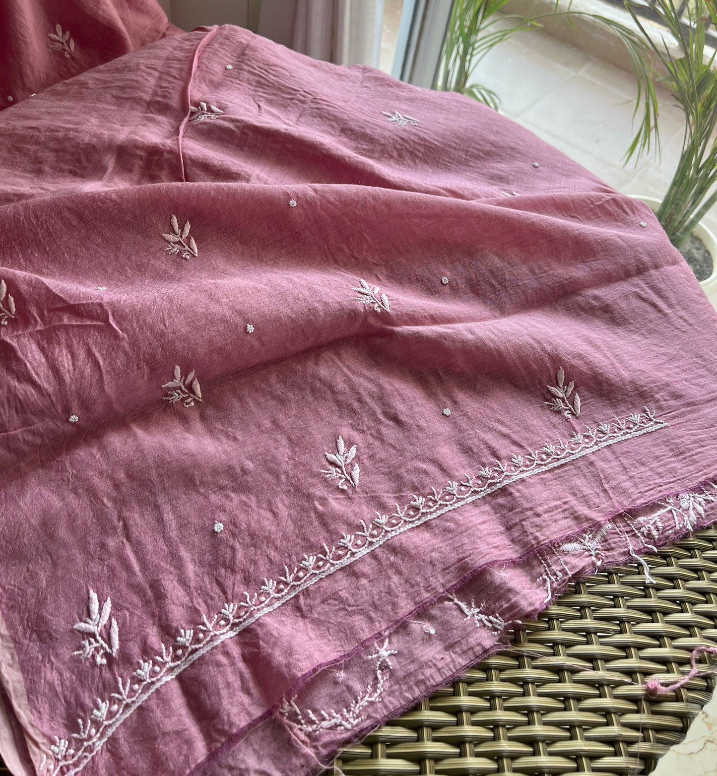 Moonga Silk Chikankari pearl and cut Dana work kurta and dupatta