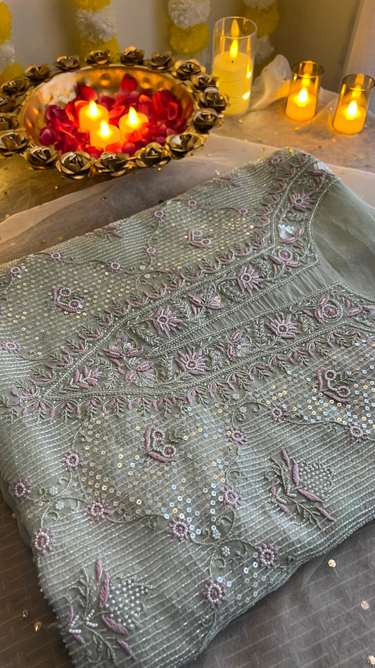 Ruhani Mint Green Chikankari & heavy Sequins pure Organza kurta with dupatta