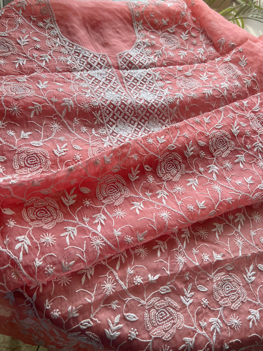 Gajri chikankari pearl cut Dana work pure Organza kurta with dupatta