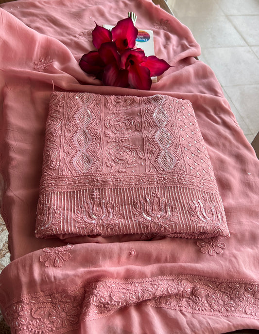 Onion pink Chikankari Cut Dana and sequins work Kurta and Dupatta