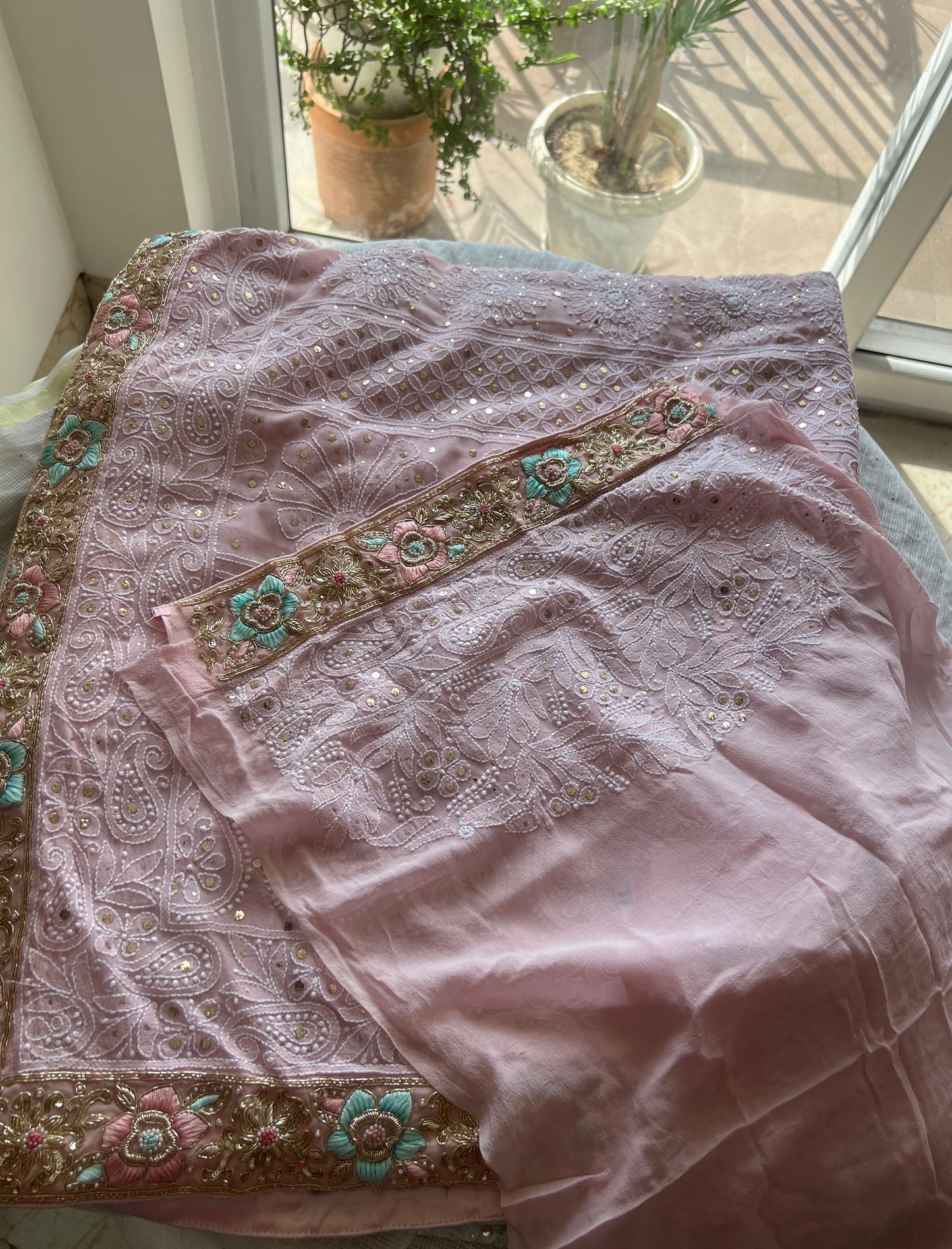 Ruhani Dusty Pink Chikankari and Mukaish Saree with designer border