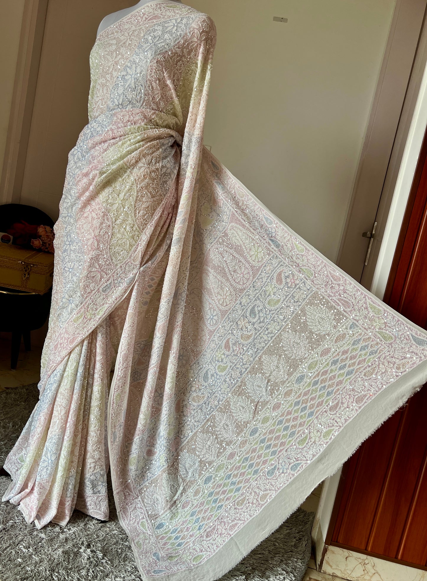 Ruhani Ivory Chikankari Multi Cut Dana and Sequins Saree