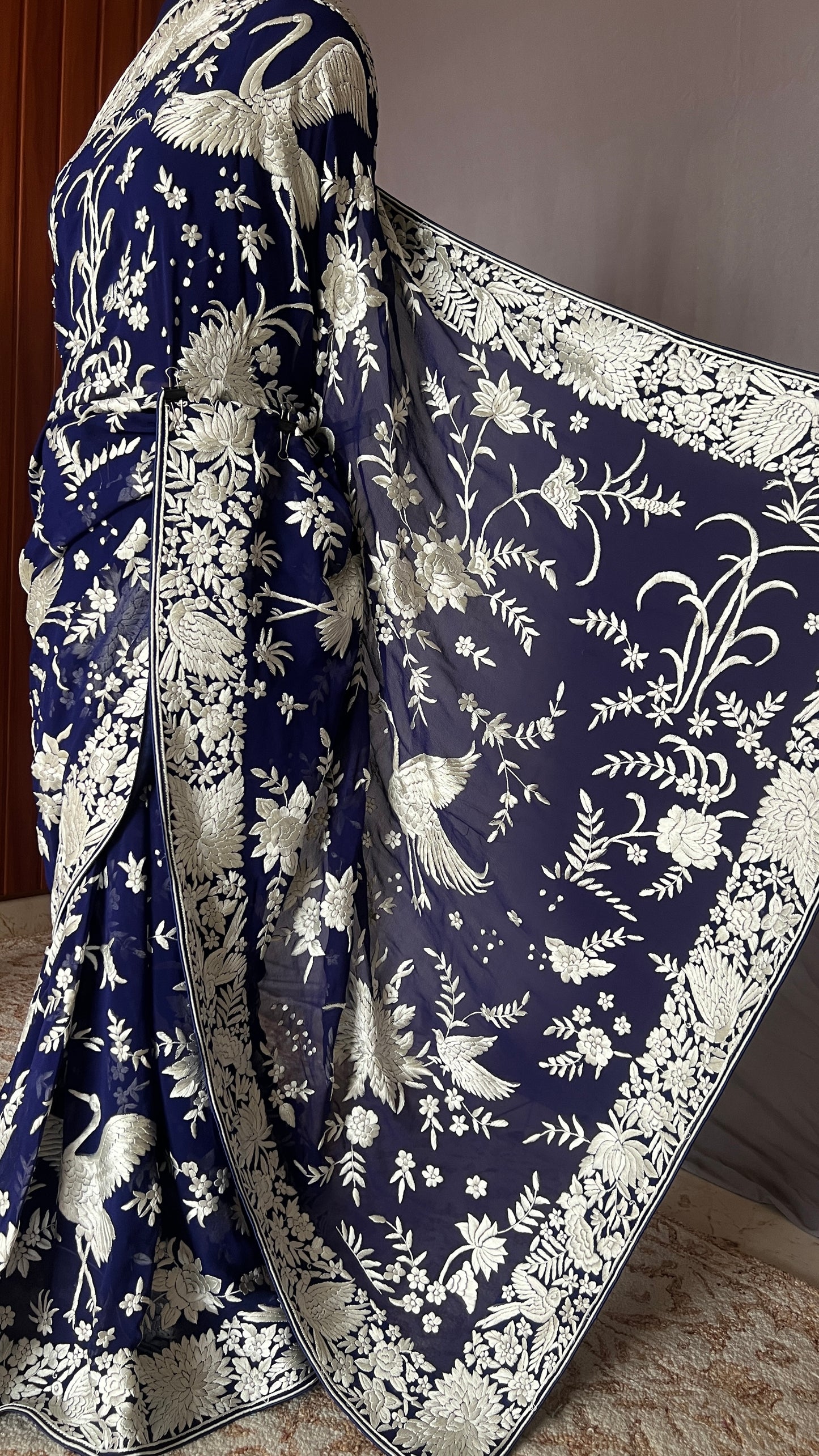 Navy Blue Masterpiece Parsi Gara Pure Georgette Saree