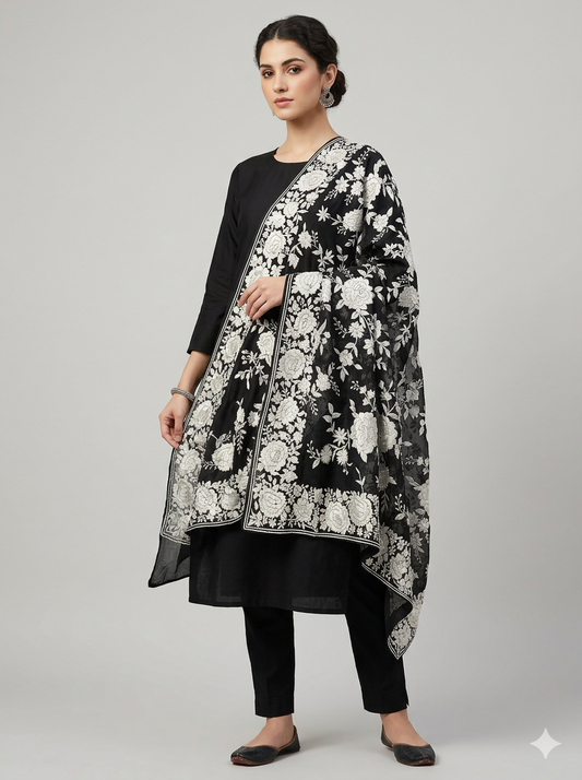 Black and Ivory Masterpiece Parsi Gara Hand Embroidered Dupatta