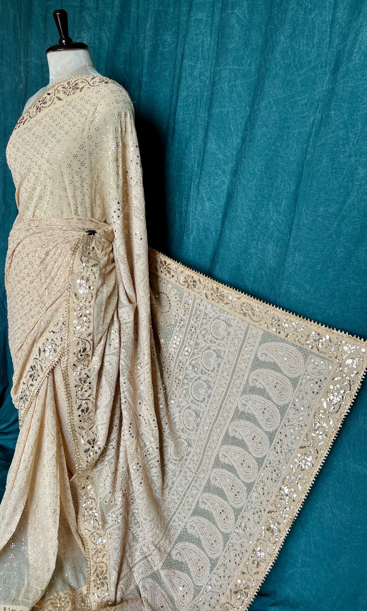 Ruhani Golden Beige Badla Mukaish and chikankari Pure Georgette Saree