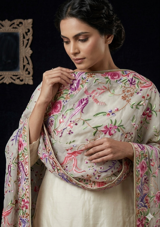 Ivory Masterpiece Parsi Gara Hand Embroidered Dupatta