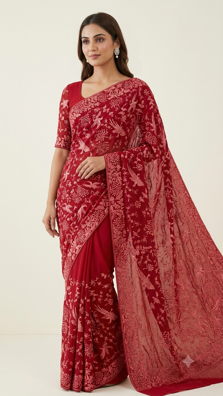 Stunning Red Parsi Gara Pure Georgette Saree