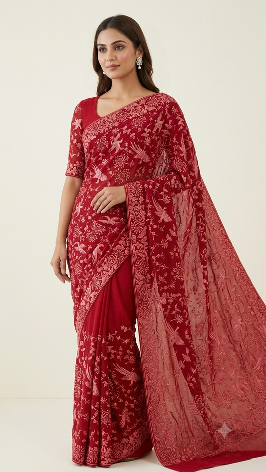 Stunning Red Parsi Gara Pure Georgette Saree