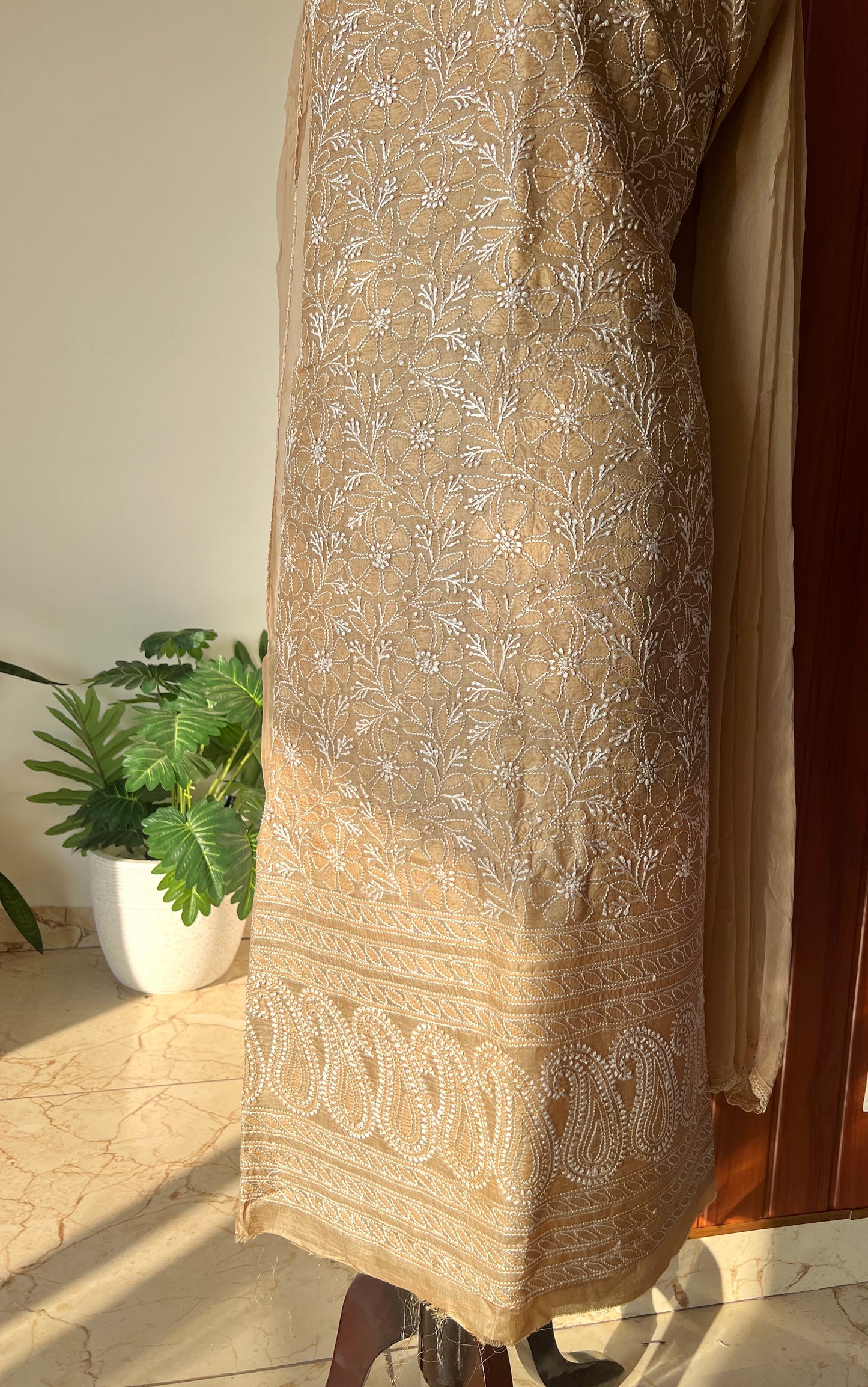 Tussar silk Chikankari embroidered kurta with chiffon dupatta