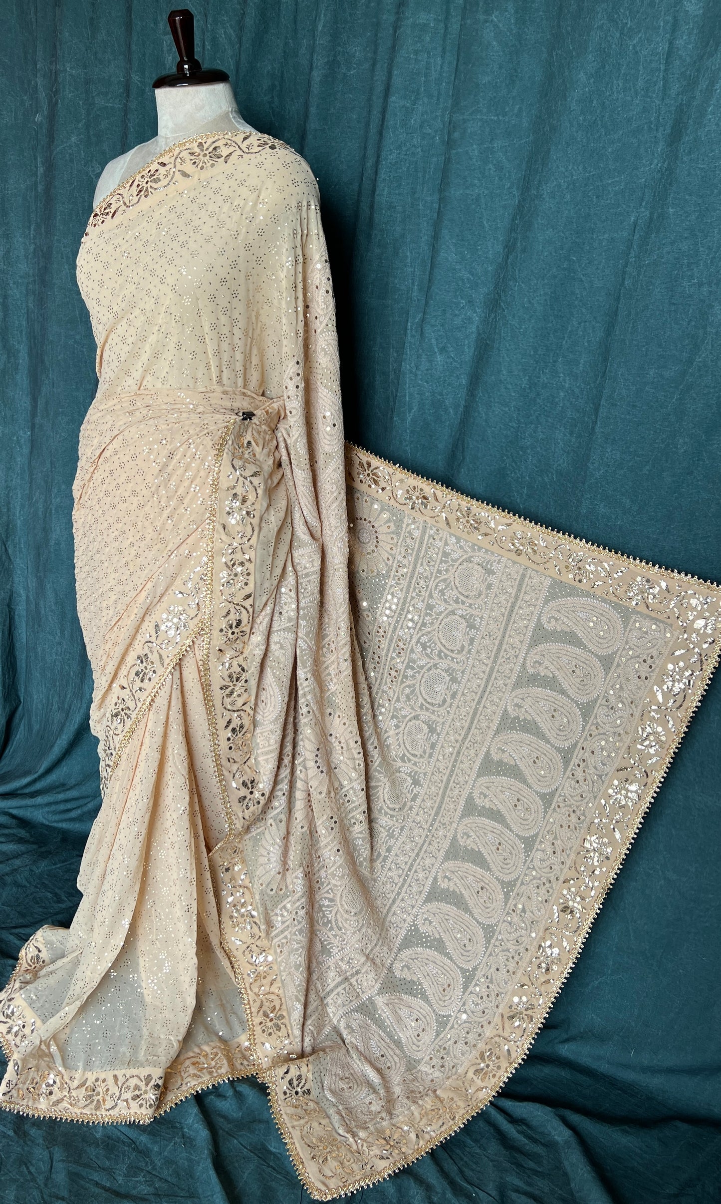 Ruhani Golden Beige Badla Mukaish and chikankari Pure Georgette Saree