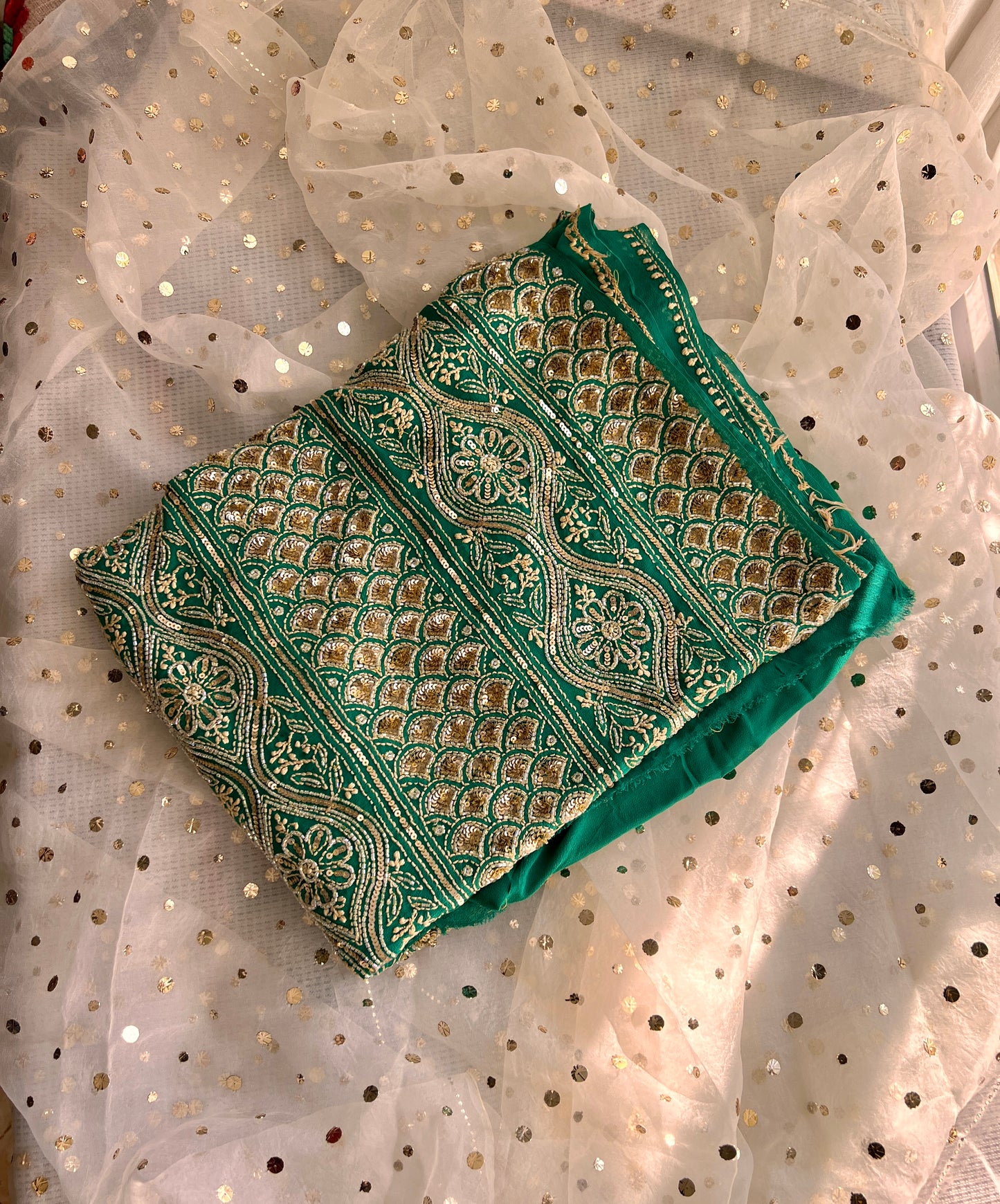 Ruhani Emerald Green Chikankari golden cut dana sequins kurta and dupatta