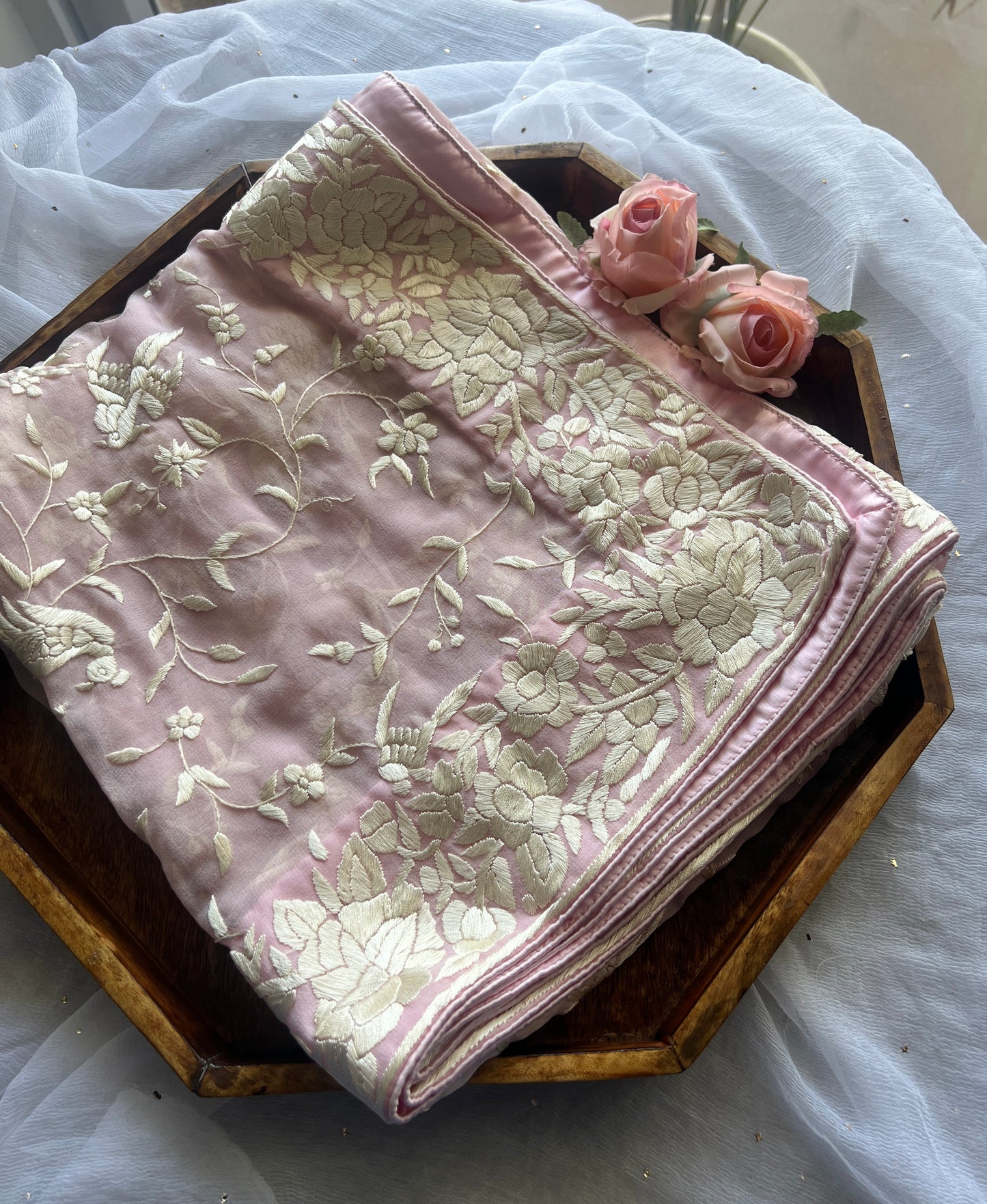 Light Pink Parsi Gara Hand Embroidered Dupatta