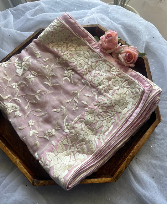Light Pink Parsi Gara Hand Embroidered Dupatta