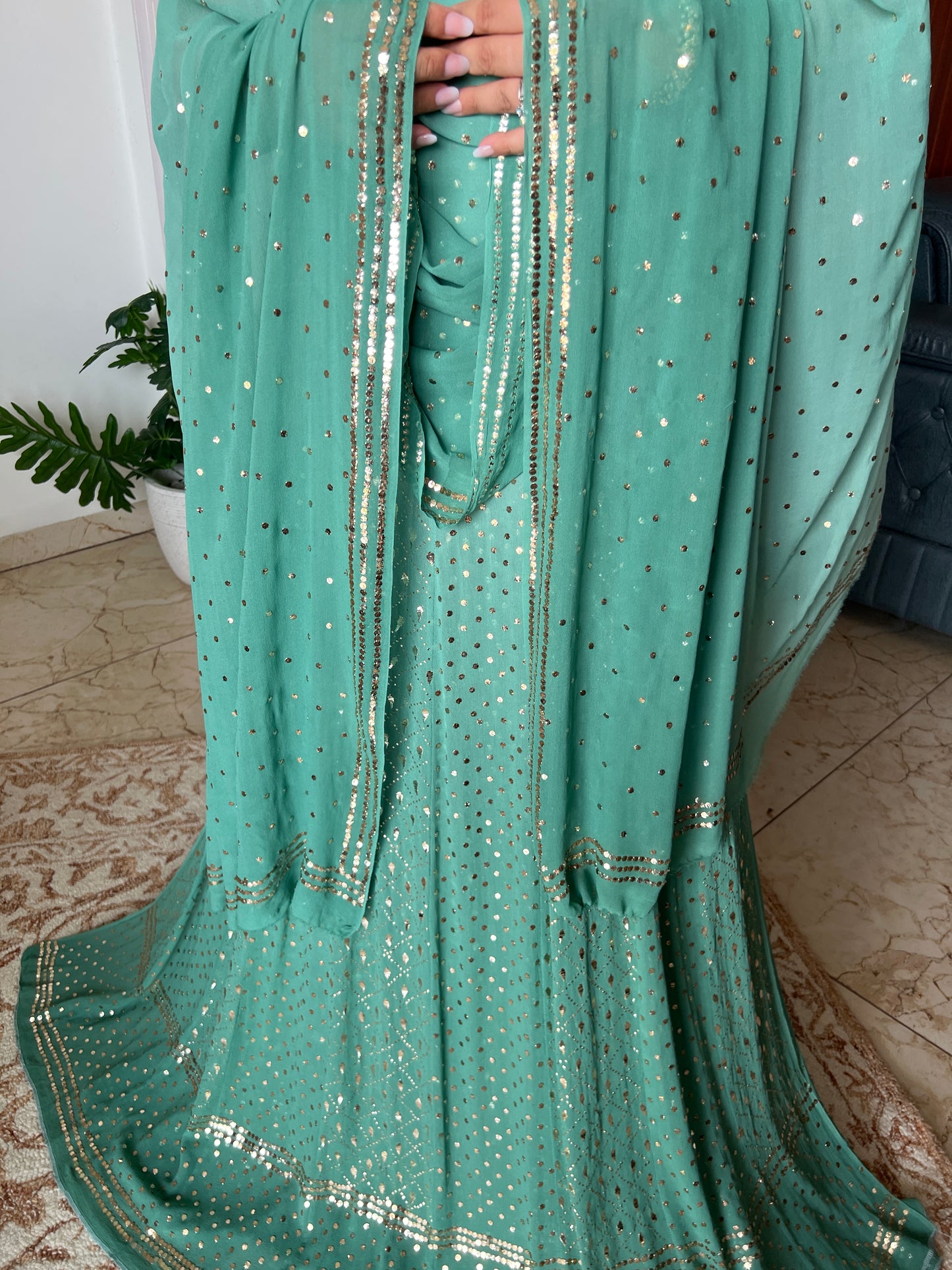 Ruhani Sage green Heavy Mukaish Pure Georgette Anarkali and Dupatta